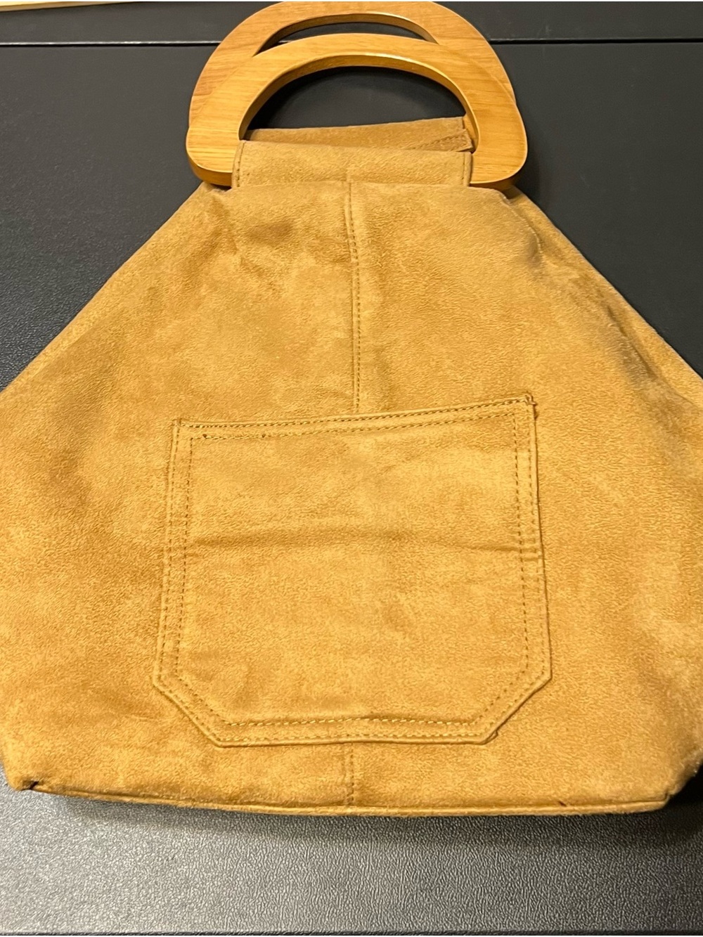 Tan Suede Satchel With Wooden Handles